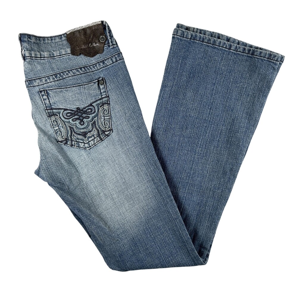 Industrial Cotton Jeans Womens 7 Low Rise Bootcut Embroidered Stretch Blue Denim